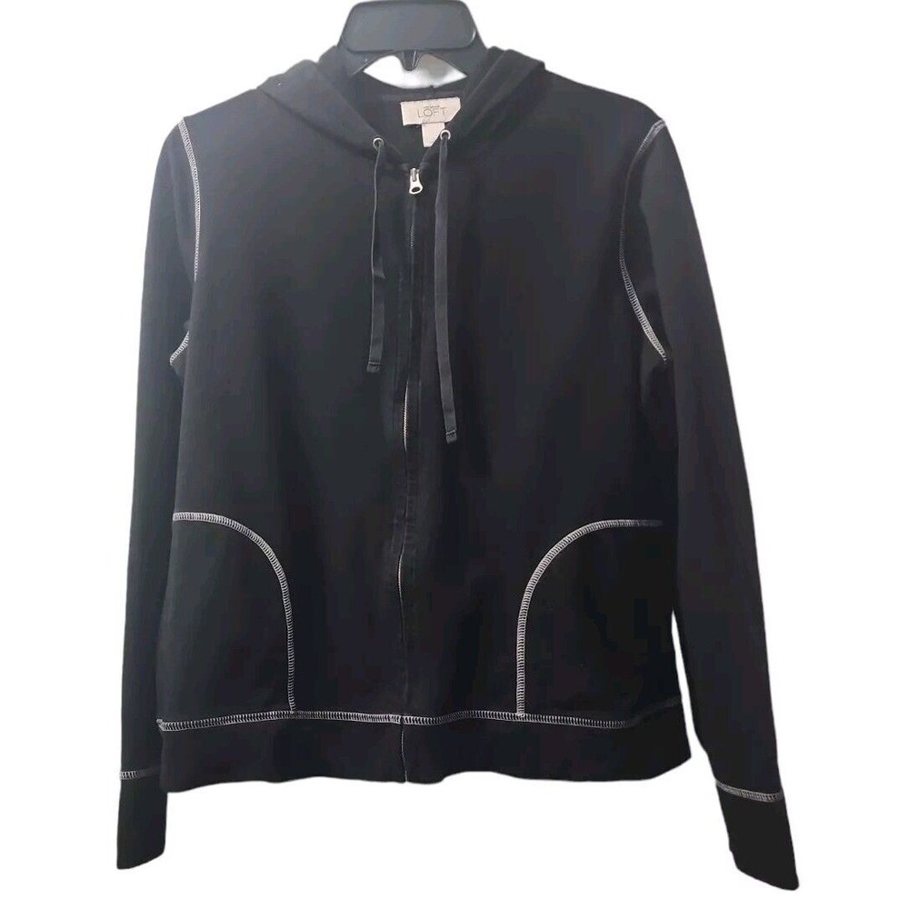 LOFT Full Zip Hoodie Contrast Stitching Pockets Black Comfy Large